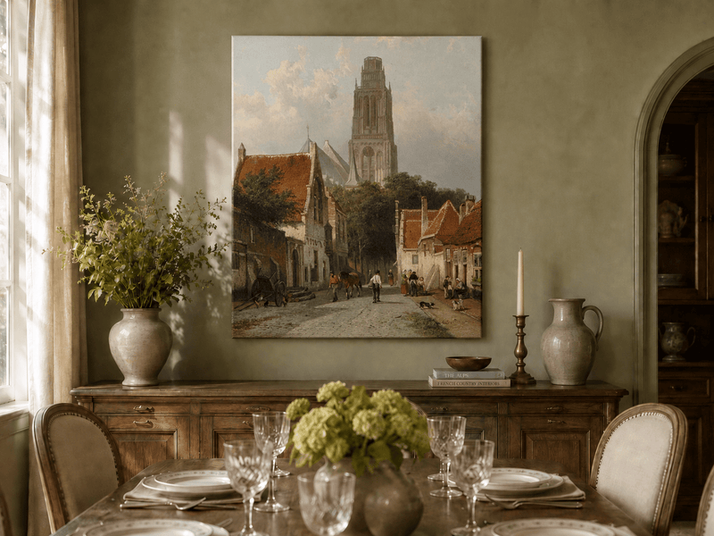 Landscape Oil Painting - Historic European Street Cathedral Tower