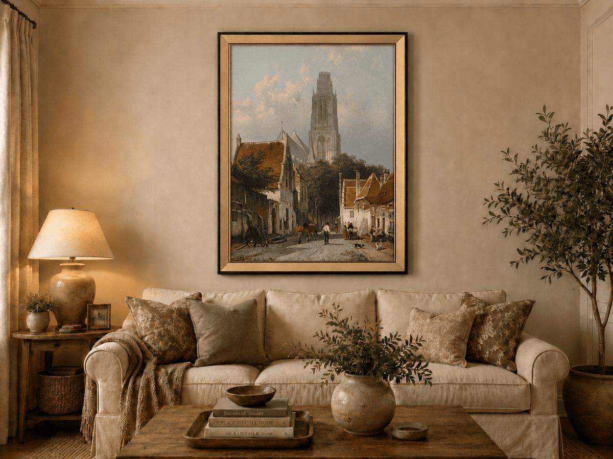Landscape Oil Painting - Historic European Street Cathedral Tower