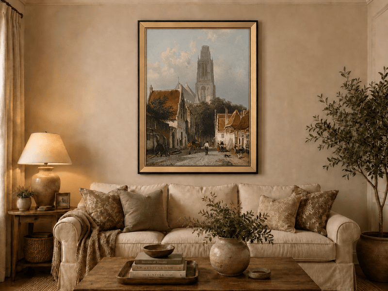 Landscape Oil Painting - Historic European Street Cathedral Tower
