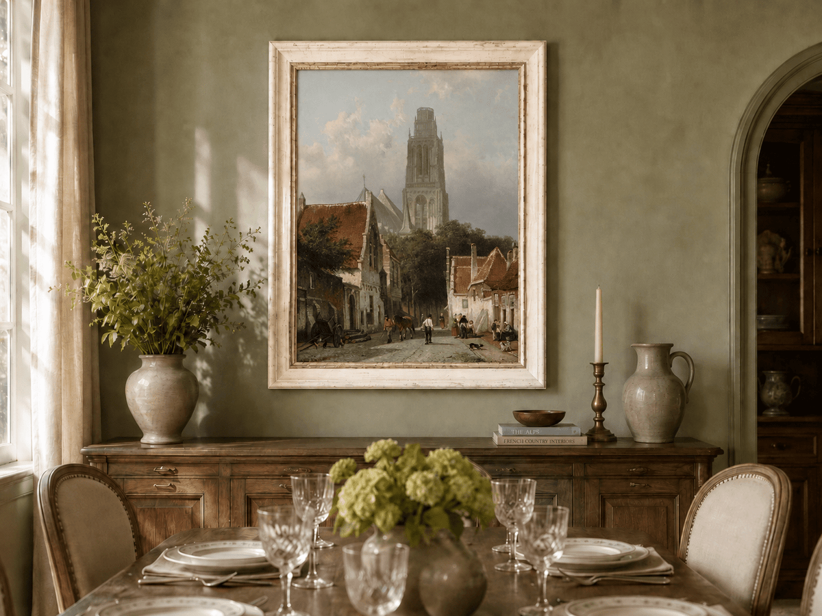 Landscape Oil Painting - Historic European Street Cathedral Tower
