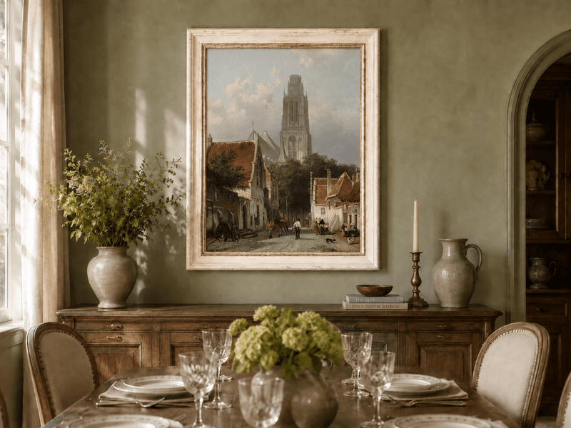 Landscape Oil Painting - Historic European Street Cathedral Tower