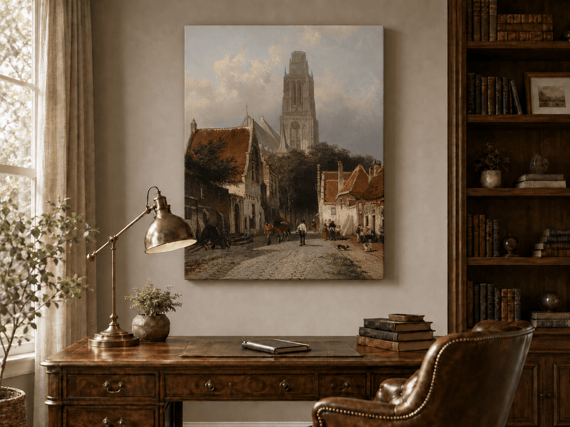 Landscape Oil Painting - Historic European Street Cathedral Tower
