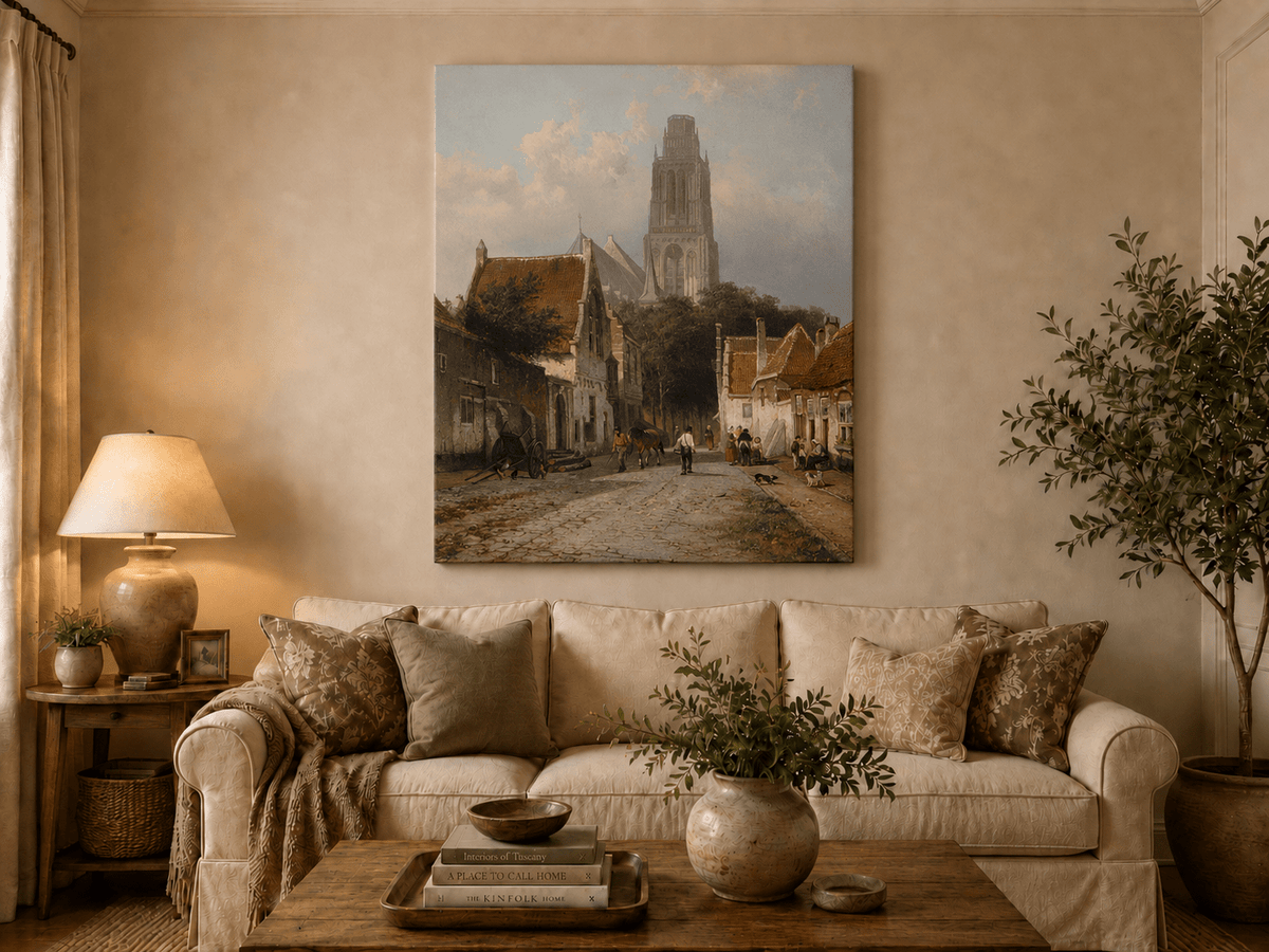 Landscape Oil Painting - Historic European Street Cathedral Tower