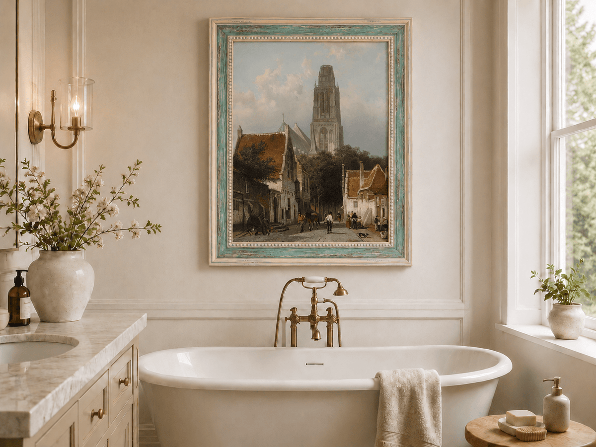 Landscape Oil Painting - Historic European Street Cathedral Tower