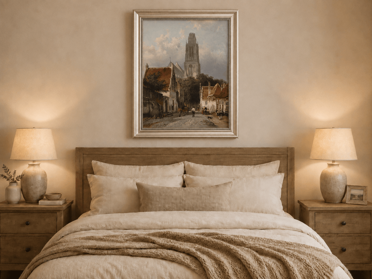Landscape Oil Painting - Historic European Street Cathedral Tower