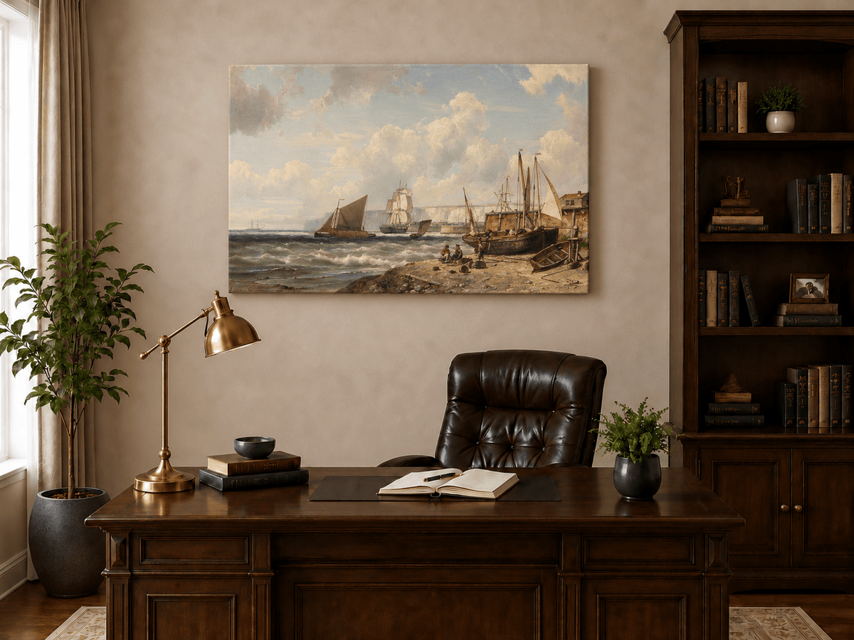 Landschaftsölgemälde – Historischer Hafen mit Fischerbooten & Klippen