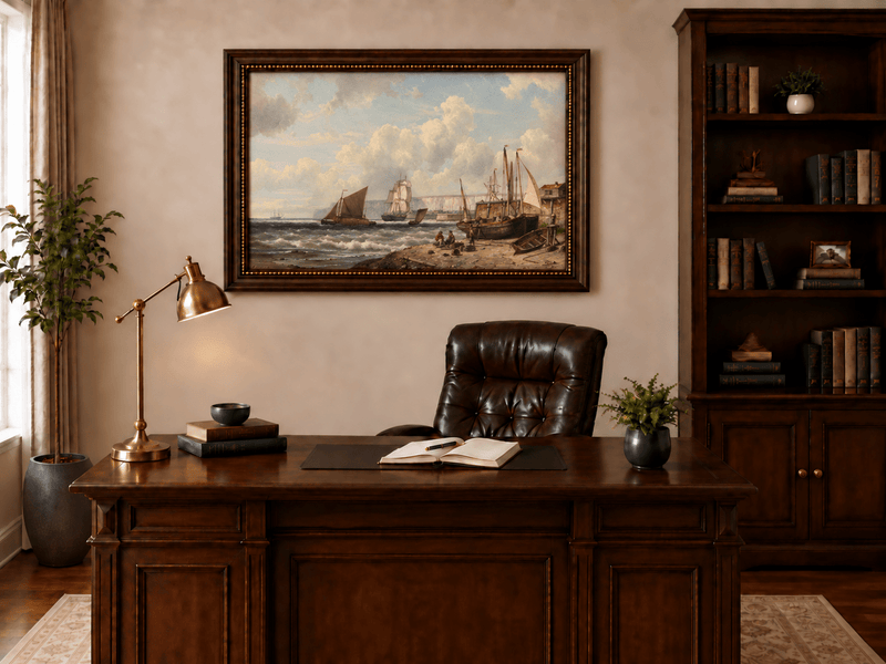 Landschaftsölgemälde – Historischer Hafen mit Fischerbooten & Klippen