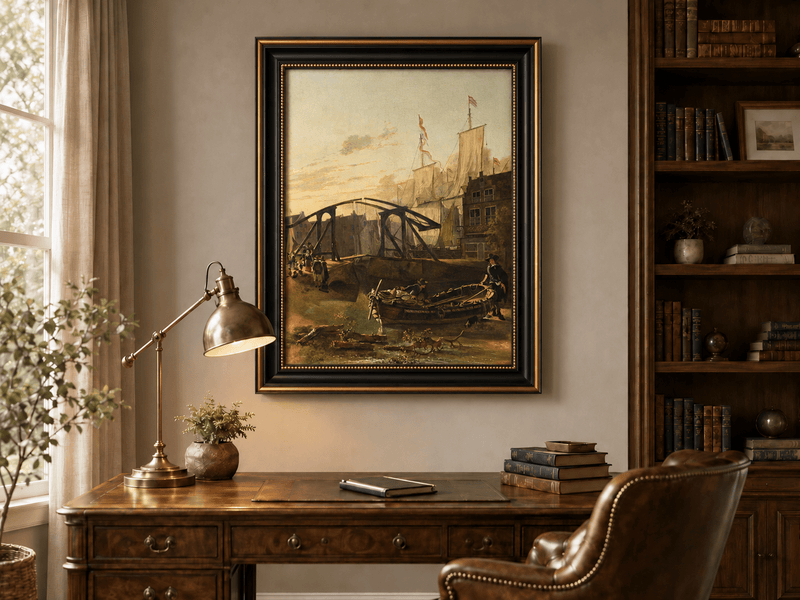 Landscape Oil Painting - Historic Harbor Sailboats & Bridge