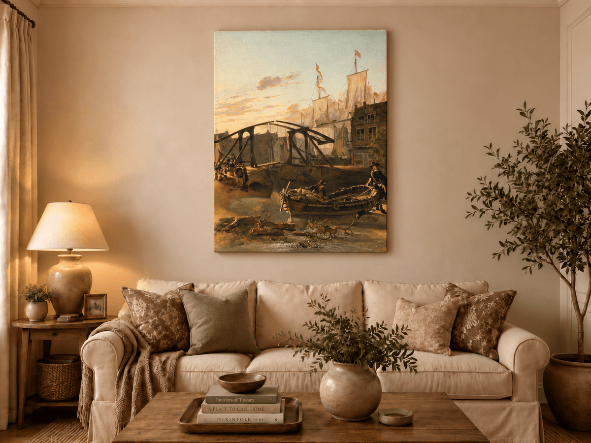Landscape Oil Painting - Historic Harbor Sailboats & Bridge
