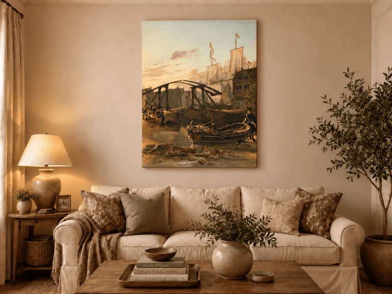 Landscape Oil Painting - Historic Harbor Sailboats & Bridge