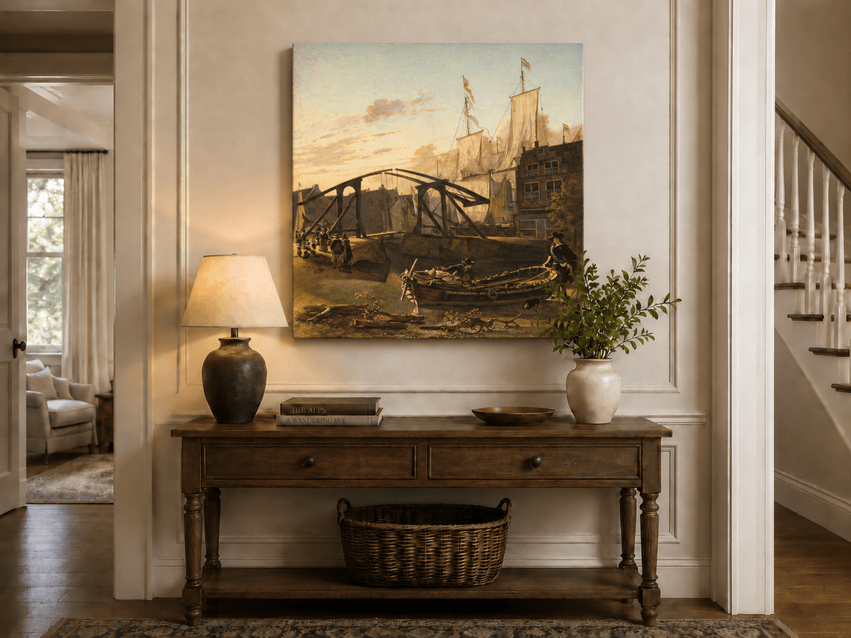 Landscape Oil Painting - Historic Harbor Sailboats & Bridge