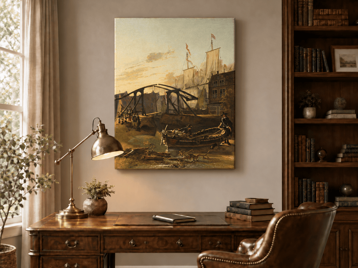 Landscape Oil Painting - Historic Harbor Sailboats & Bridge