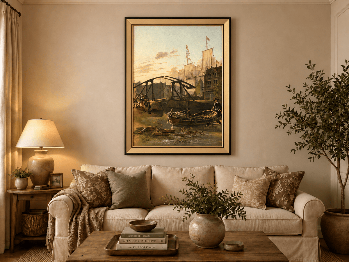 Landscape Oil Painting - Historic Harbor Sailboats & Bridge