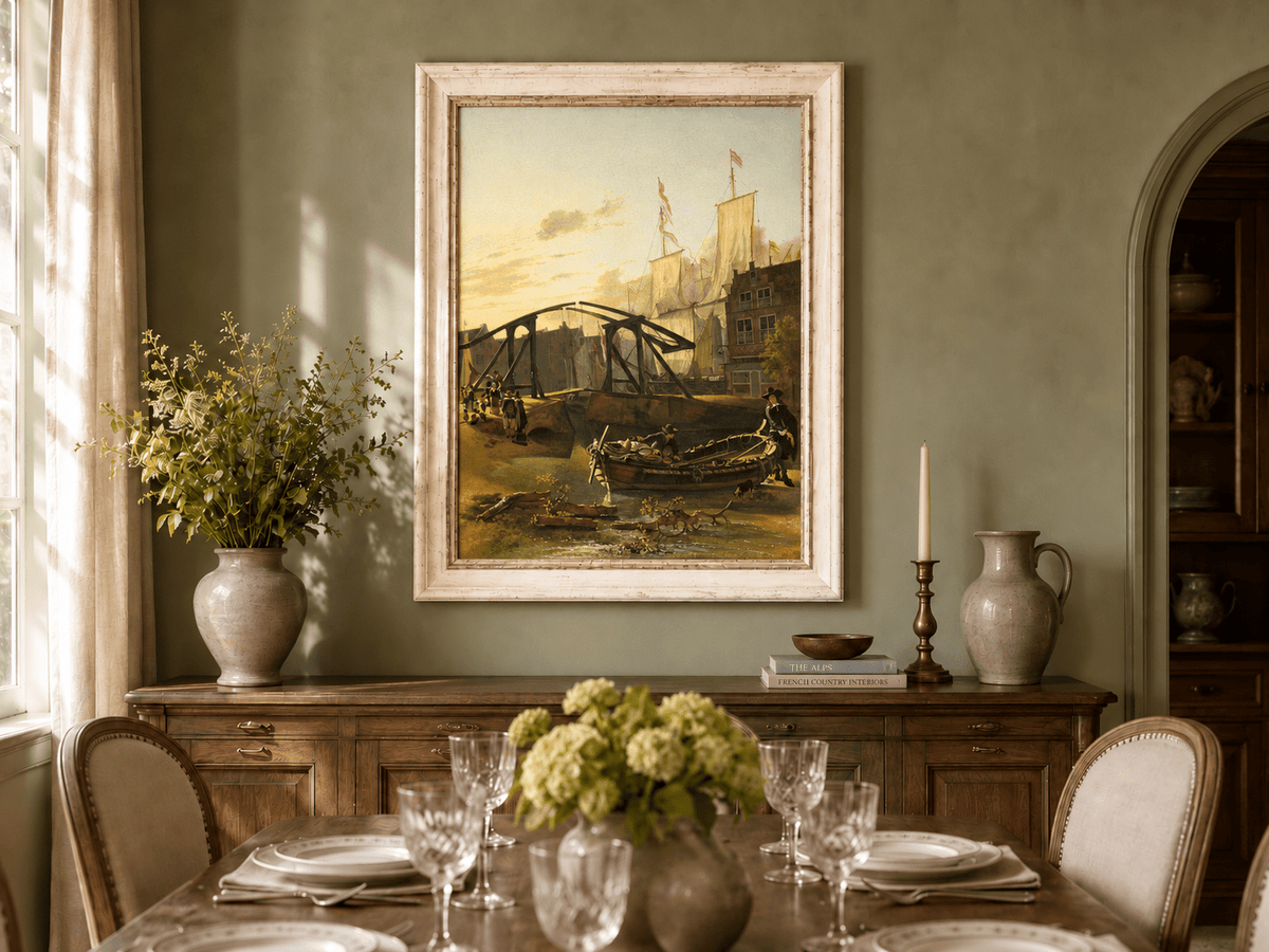 Landscape Oil Painting - Historic Harbor Sailboats & Bridge