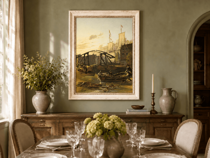 Landscape Oil Painting - Historic Harbor Sailboats & Bridge