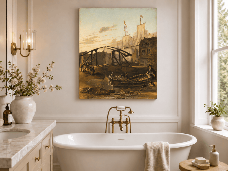Landscape Oil Painting - Historic Harbor Sailboats & Bridge