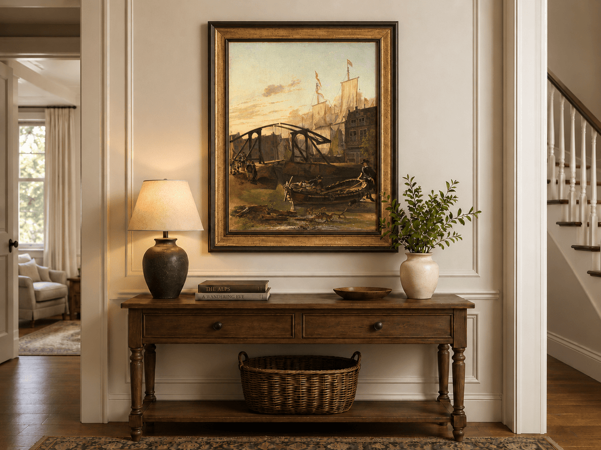 Landscape Oil Painting - Historic Harbor Sailboats & Bridge