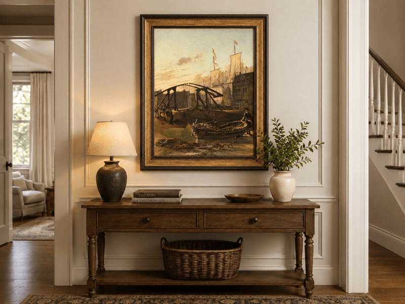Landscape Oil Painting - Historic Harbor Sailboats & Bridge