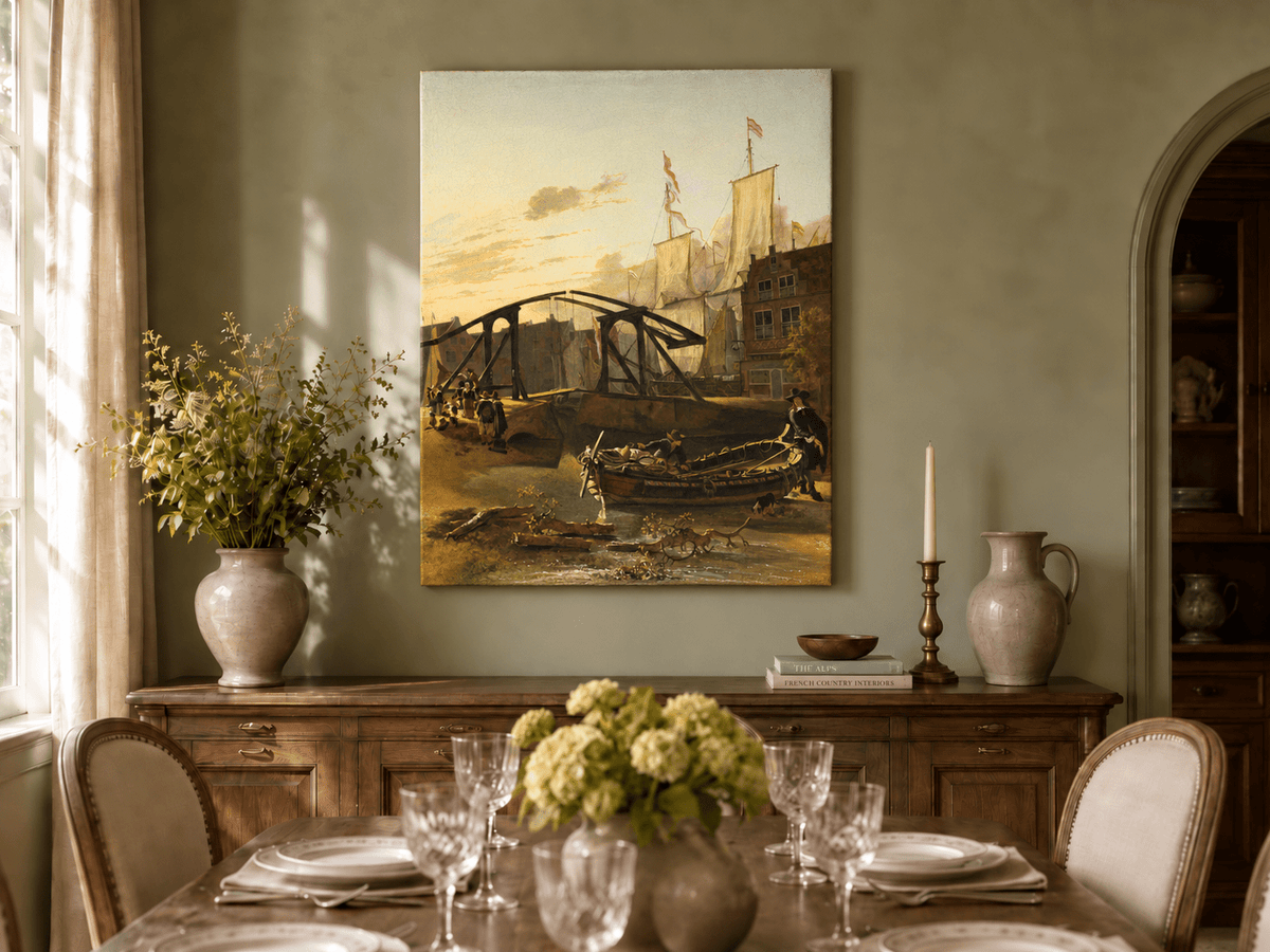 Landscape Oil Painting - Historic Harbor Sailboats & Bridge