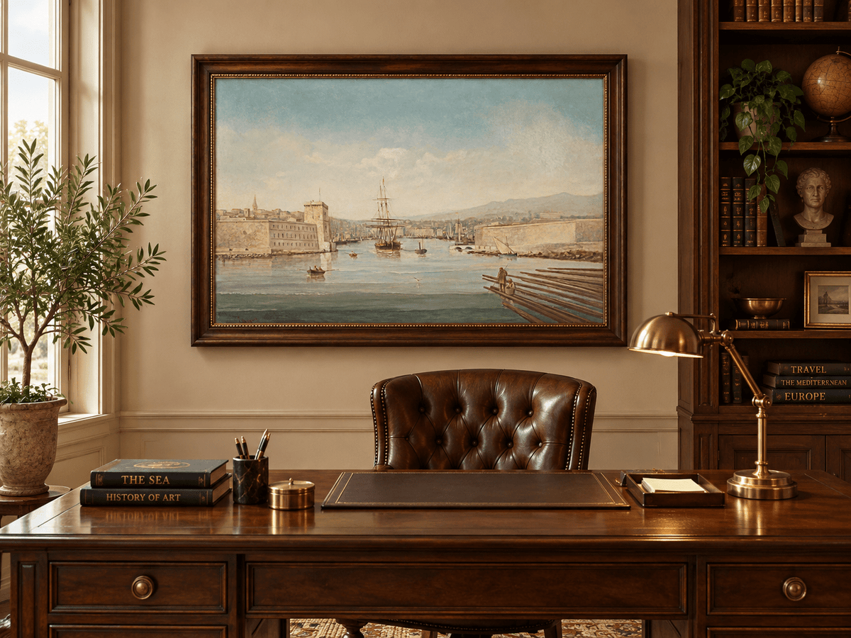 Landscape Oil Painting - Historic Harbor Sailing Ships at Dawn