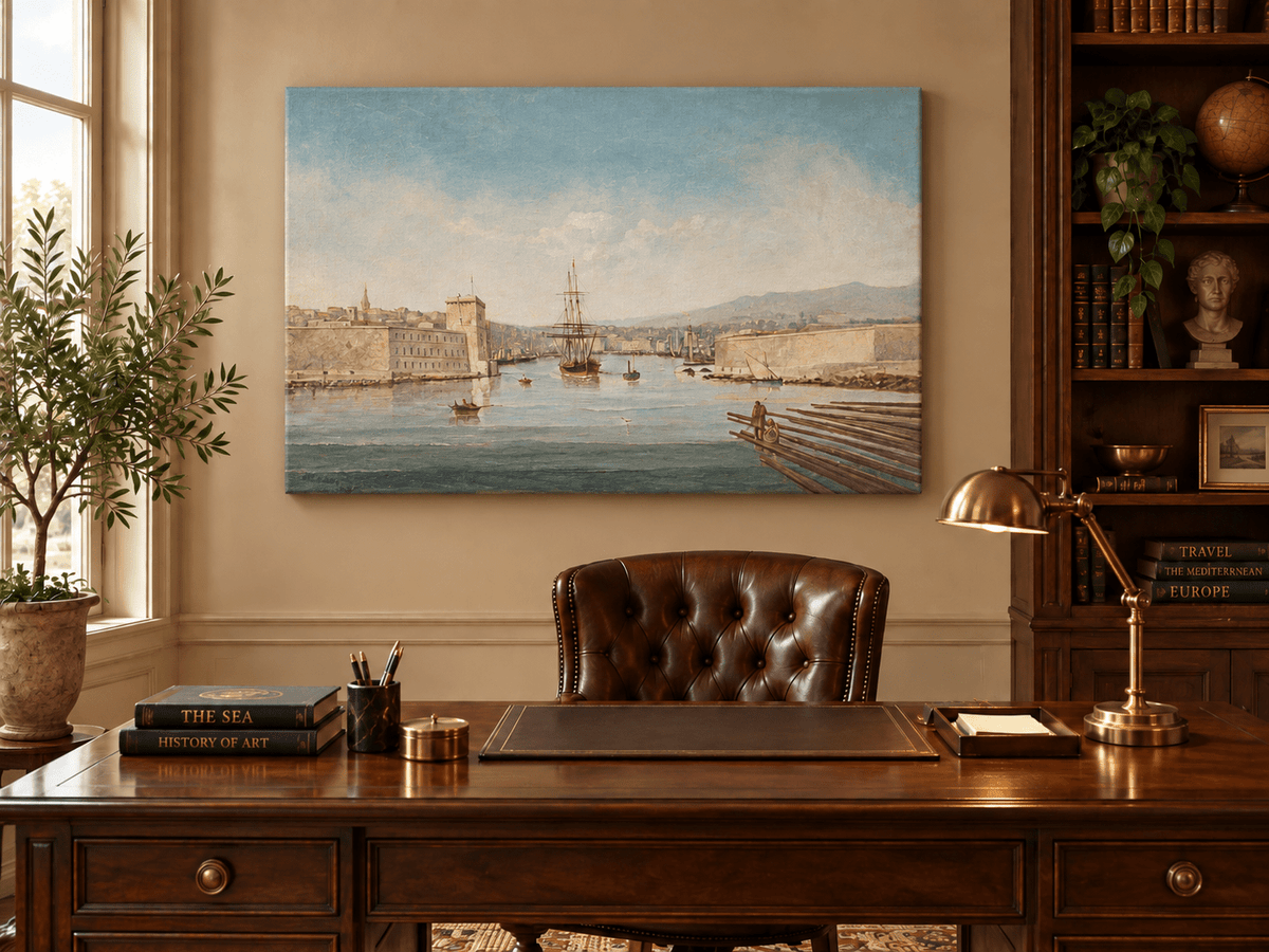Landscape Oil Painting - Historic Harbor Sailing Ships at Dawn
