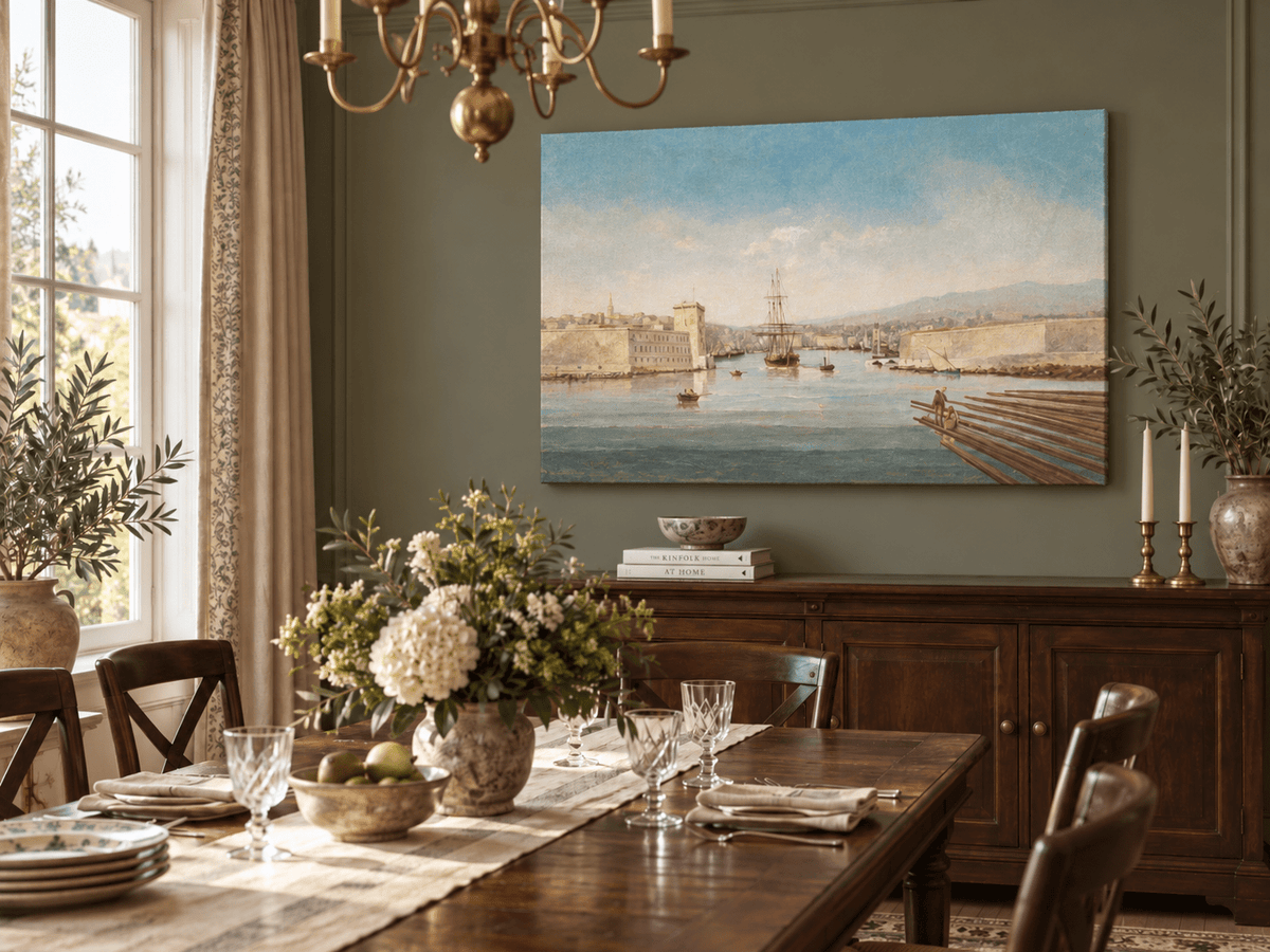Landscape Oil Painting - Historic Harbor Sailing Ships at Dawn