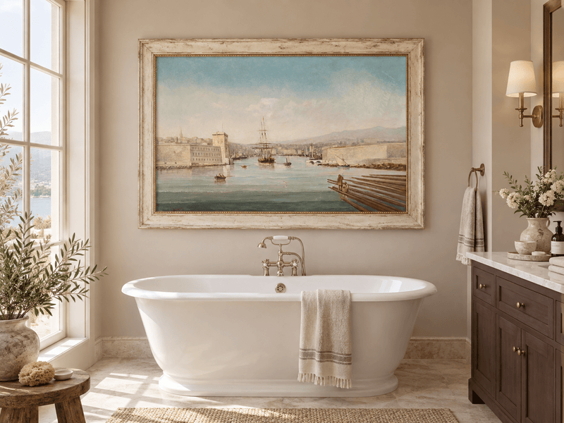 Landscape Oil Painting - Historic Harbor Sailing Ships at Dawn