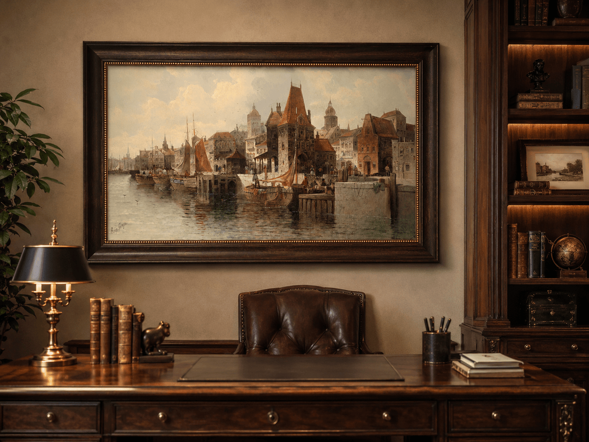 Peinture à l'huile de paysage - Ville portuaire historique