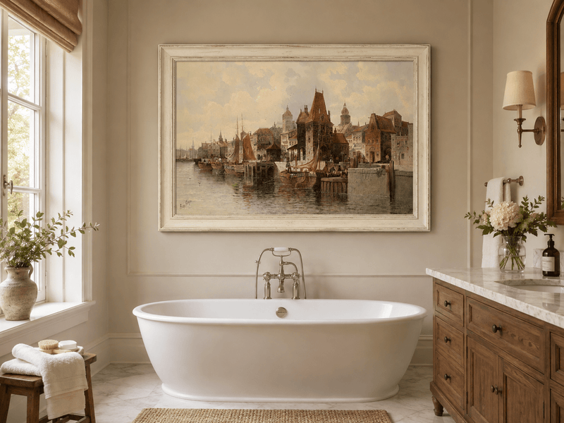 Peinture à l'huile de paysage - Ville portuaire historique