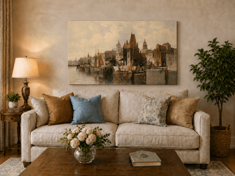 Peinture à l'huile de paysage - Ville portuaire historique