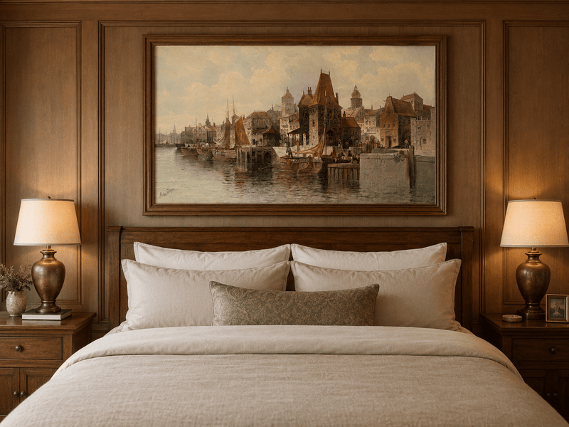 Peinture à l'huile de paysage - Ville portuaire historique