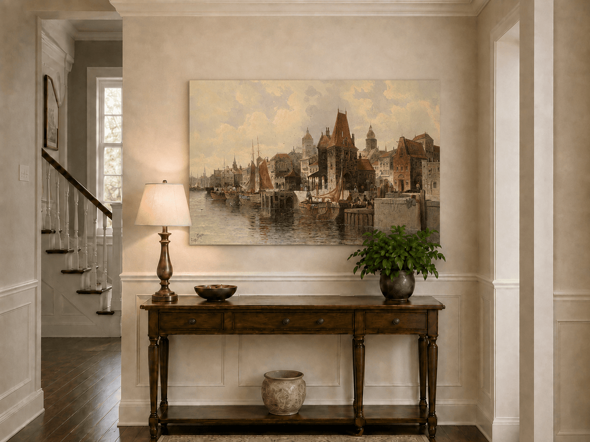 Peinture à l'huile de paysage - Ville portuaire historique