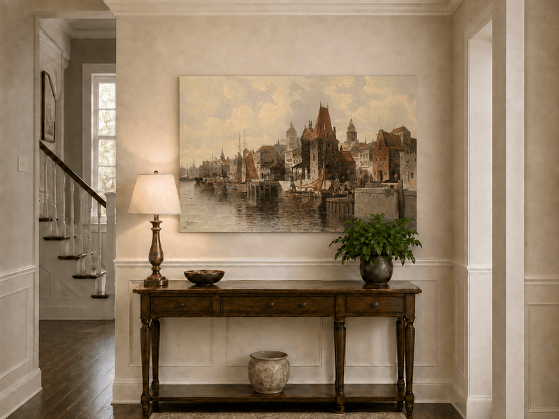 Peinture à l'huile de paysage - Ville portuaire historique