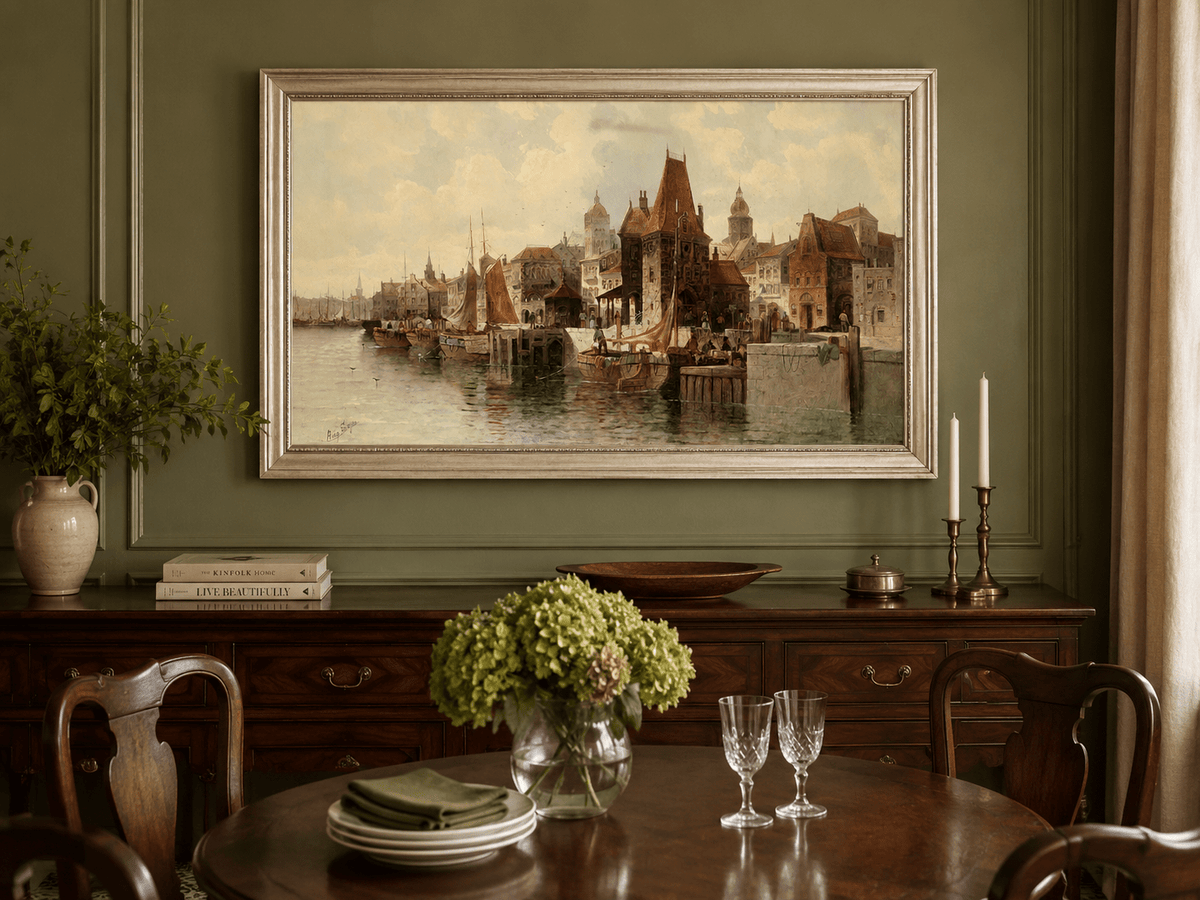 Peinture à l'huile de paysage - Ville portuaire historique