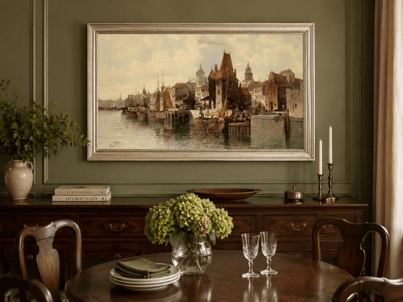 Peinture à l'huile de paysage - Ville portuaire historique