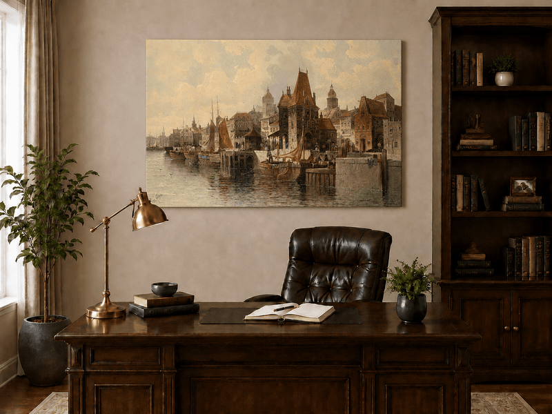 Peinture à l'huile de paysage - Ville portuaire historique