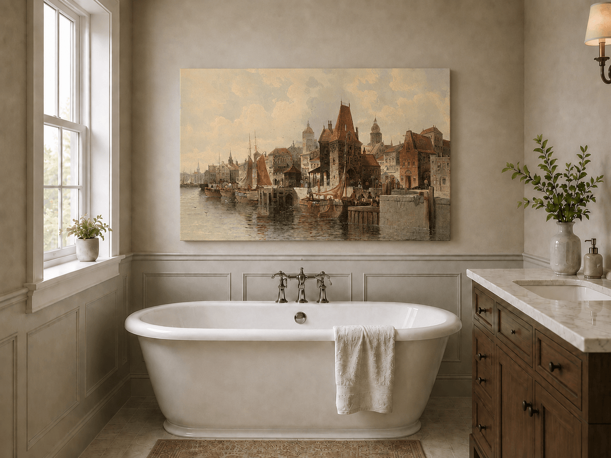 Peinture à l'huile de paysage - Ville portuaire historique