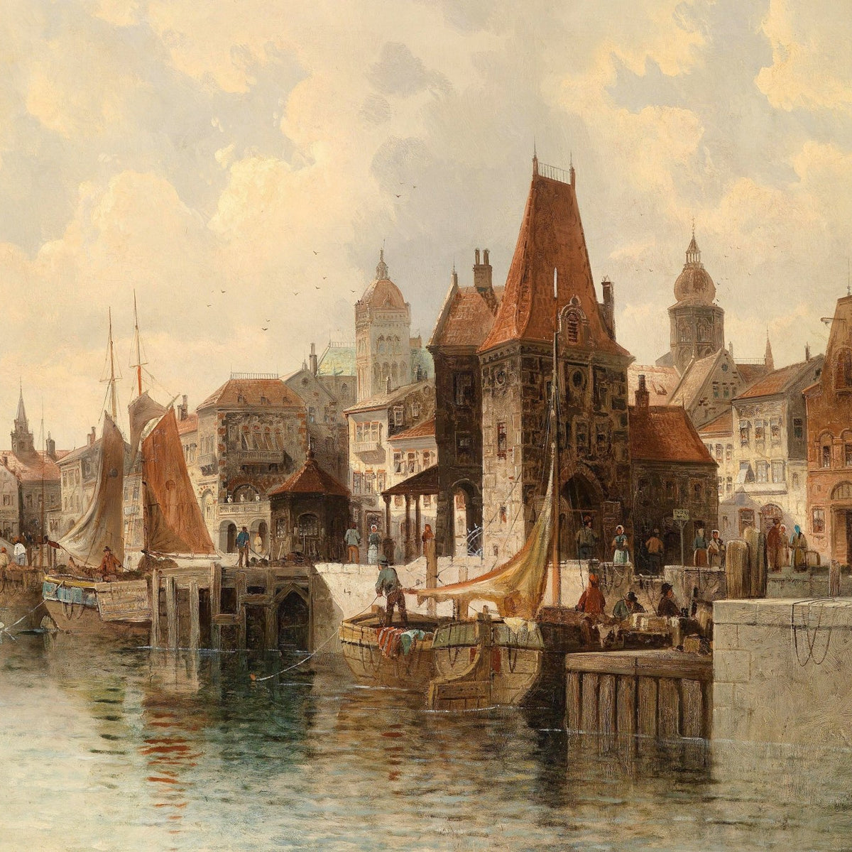 Landscape Oil Painting - Historic Port Town: Spired Tower, Sailing Ships - Oil Painting Haven