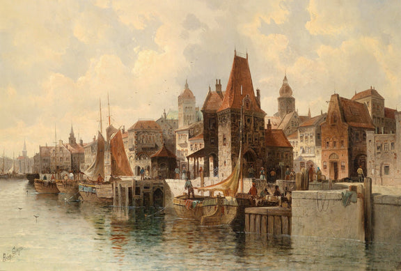 Landscape Oil Painting - Historic Port Town: Spired Tower, Sailing Ships - Oil Painting Haven