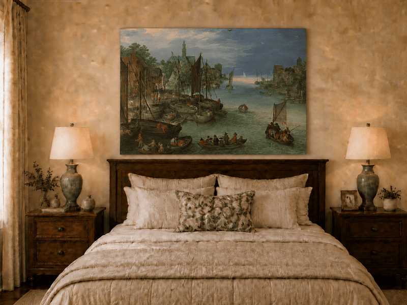 Landscape Oil Painting - Historic River Harbor Boats & Town