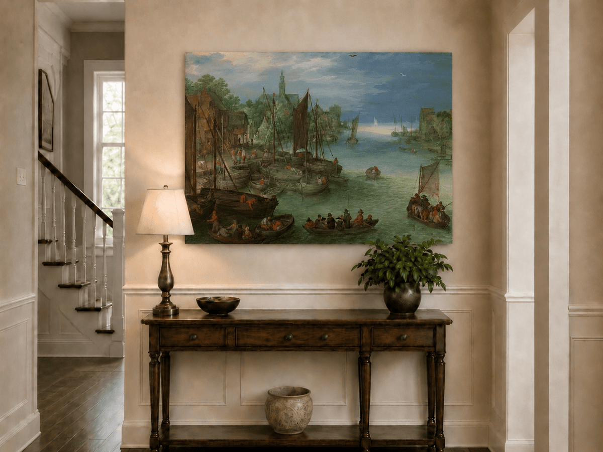 Landscape Oil Painting - Historic River Harbor Boats & Town