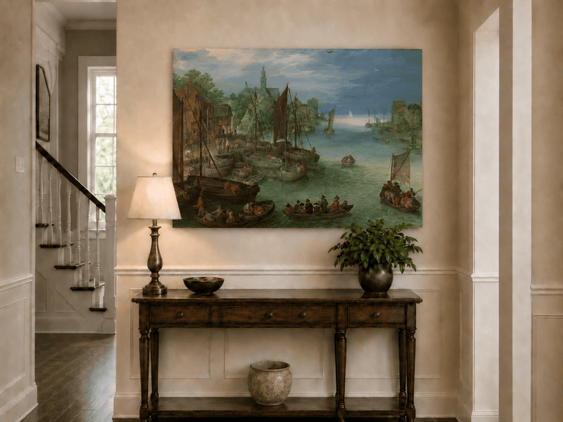 Landscape Oil Painting - Historic River Harbor Boats & Town