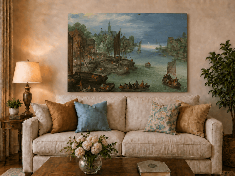 Landscape Oil Painting - Historic River Harbor Boats & Town