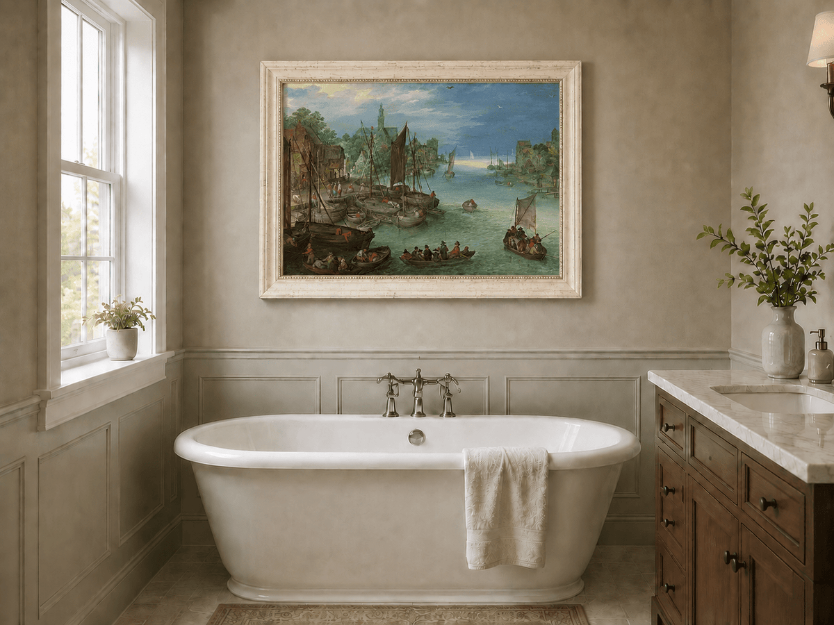 Landscape Oil Painting - Historic River Harbor Boats & Town