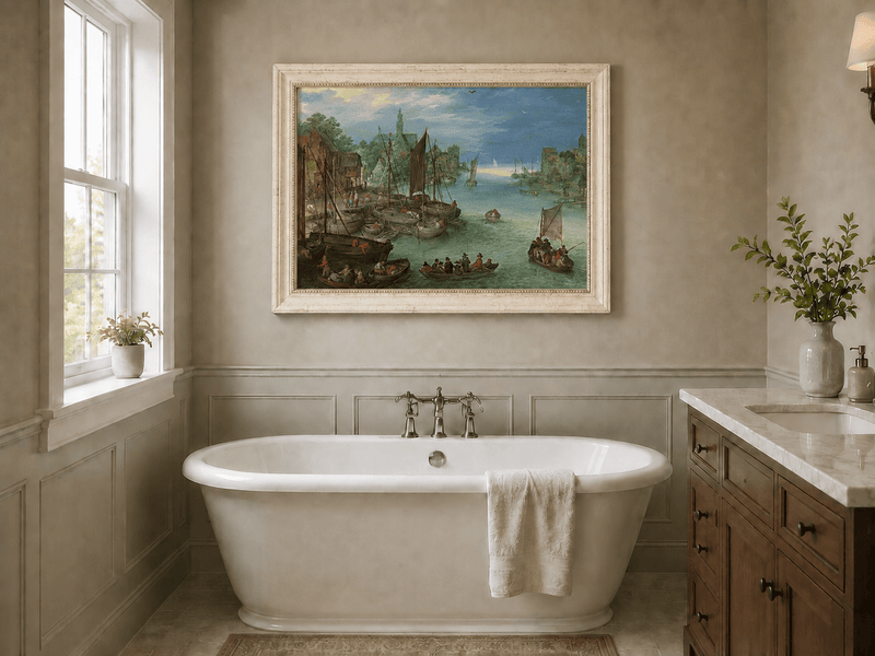 Landscape Oil Painting - Historic River Harbor Boats & Town
