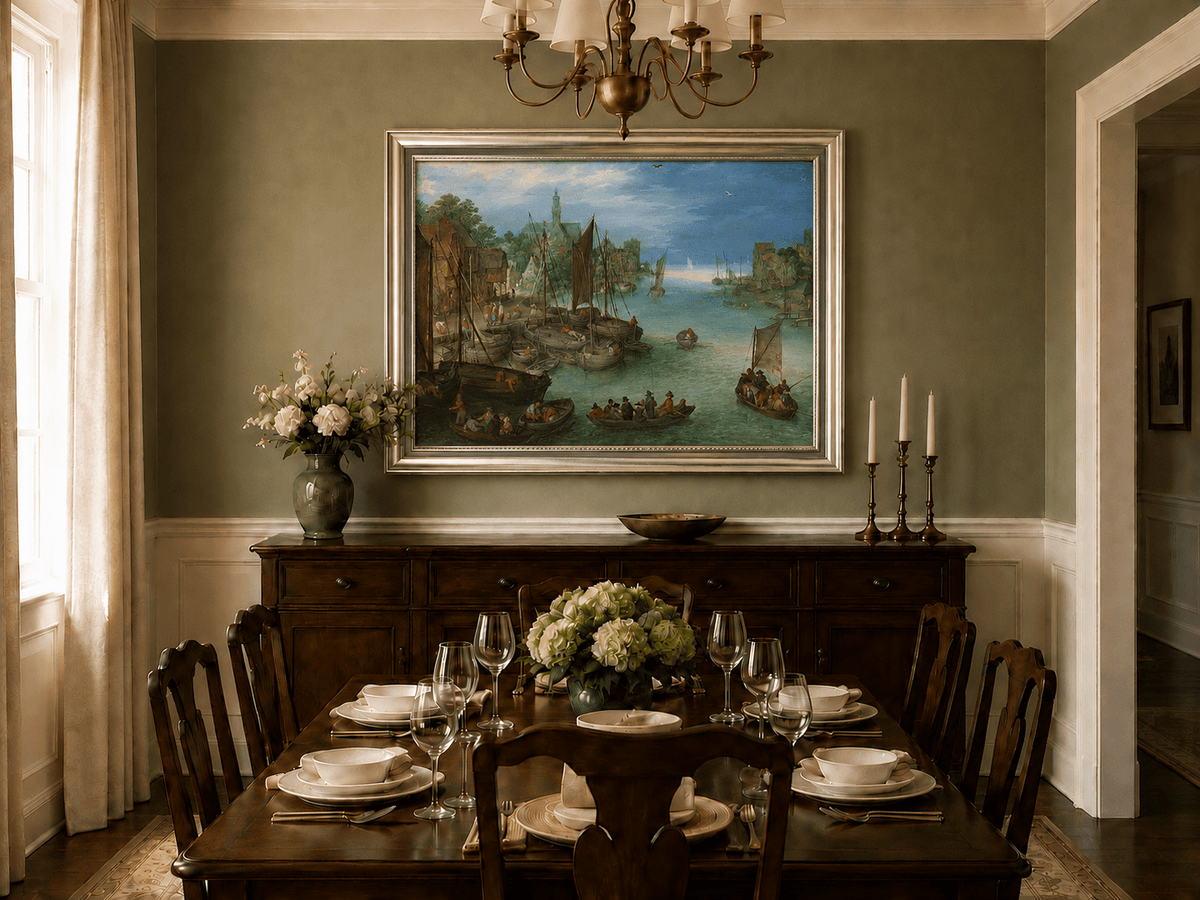 Landscape Oil Painting - Historic River Harbor Boats & Town