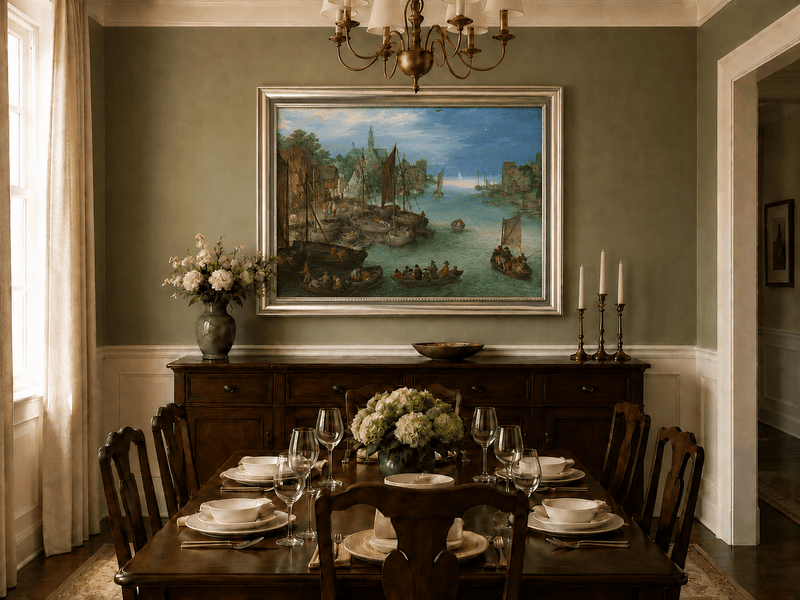 Landscape Oil Painting - Historic River Harbor Boats & Town