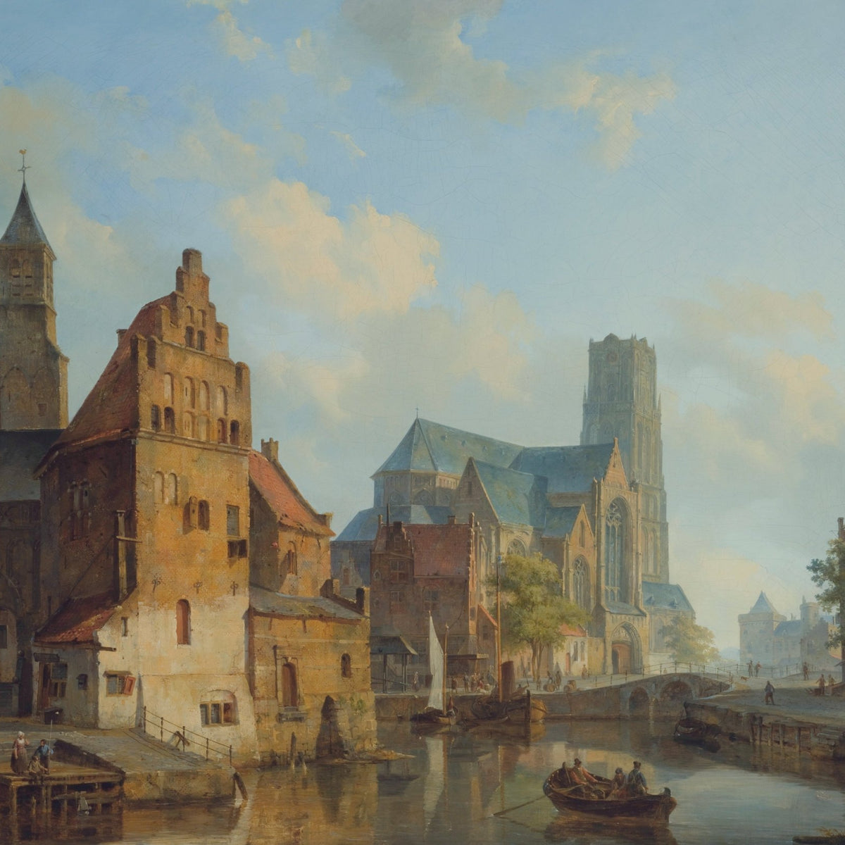 Landschaft Ölgemälde - Historische Flussufer-Stadtkirche & Boote