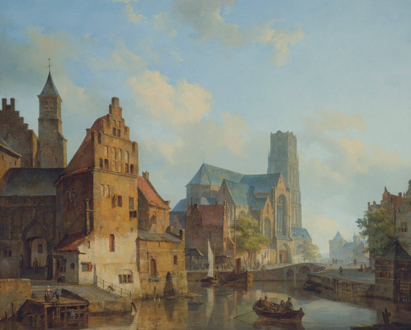 Landschaft Ölgemälde - Historische Flussufer-Stadtkirche & Boote
