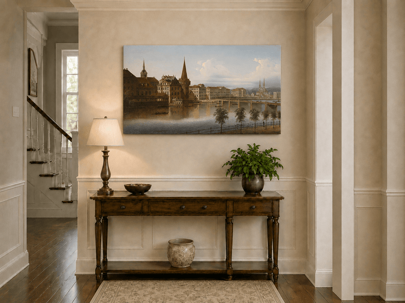 Peinture à l'huile de paysage - Paysage urbain historique au bord de la rivière